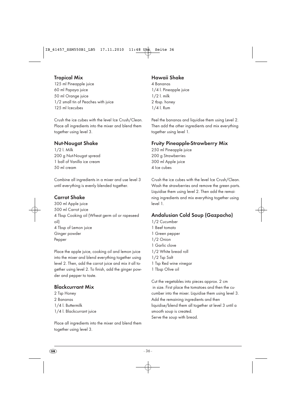 Tropical mix, Nut-nougat shake, Carrot shake | Blackcurrant mix, Hawaii shake, Fruity pineapple-strawberry mix, Andalusian cold soup (gazpacho) | Silvercrest SSM 550 B1 User Manual | Page 38 / 52