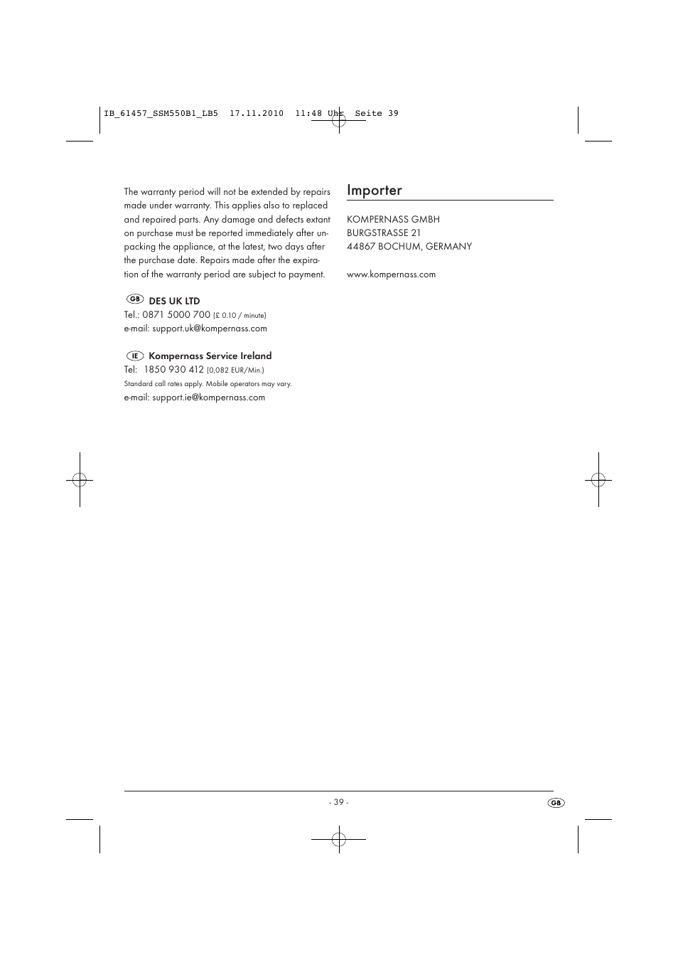 Importer | Silvercrest SSM 550 B1 User Manual | Page 41 / 52