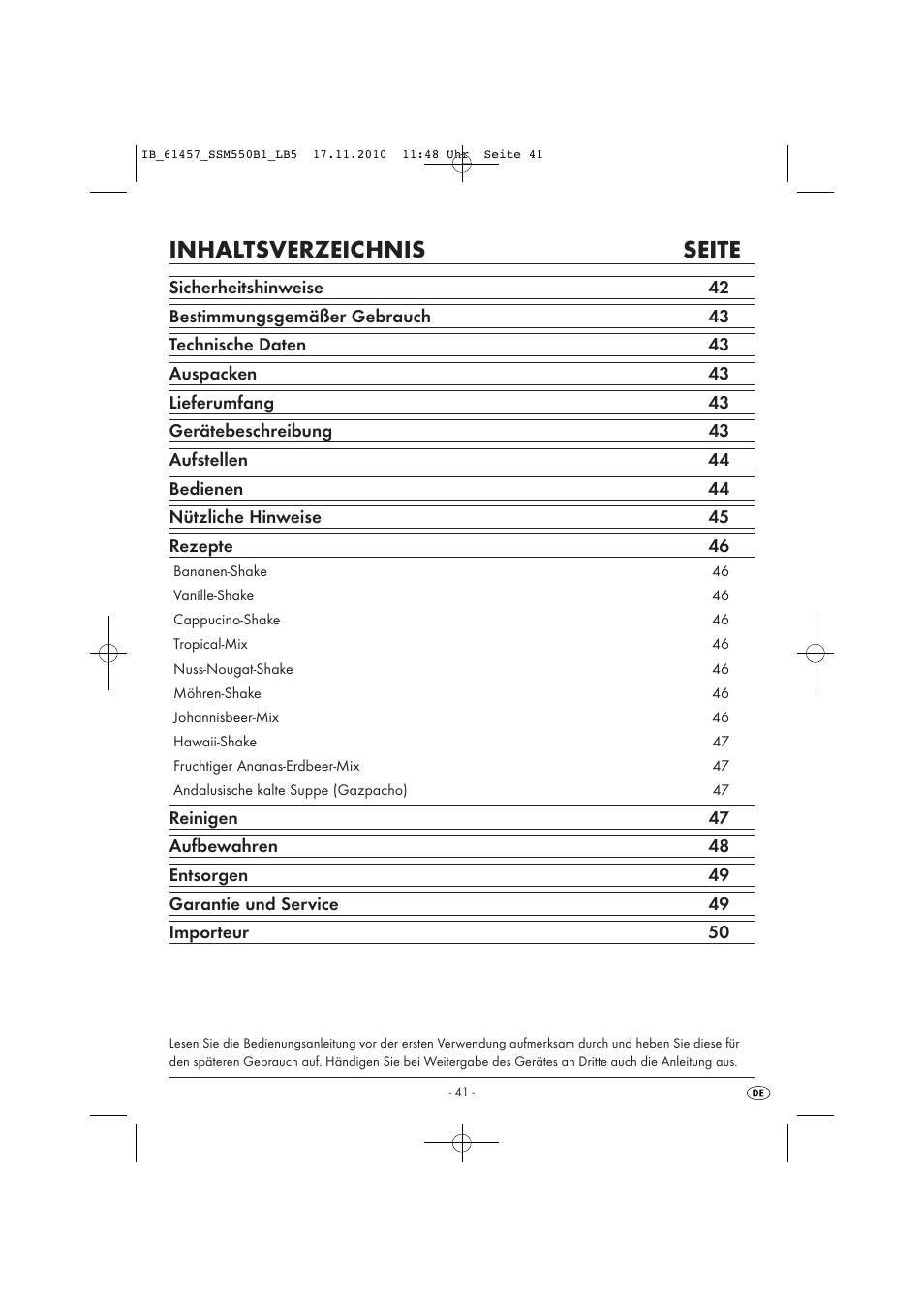 Inhaltsverzeichnis seite | Silvercrest SSM 550 B1 User Manual | Page 43 / 52