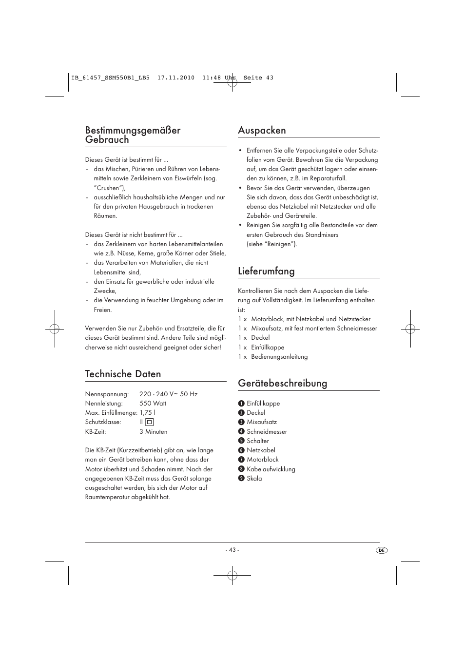 Bestimmungsgemäßer gebrauch, Technische daten, Auspacken | Lieferumfang, Gerätebeschreibung | Silvercrest SSM 550 B1 User Manual | Page 45 / 52