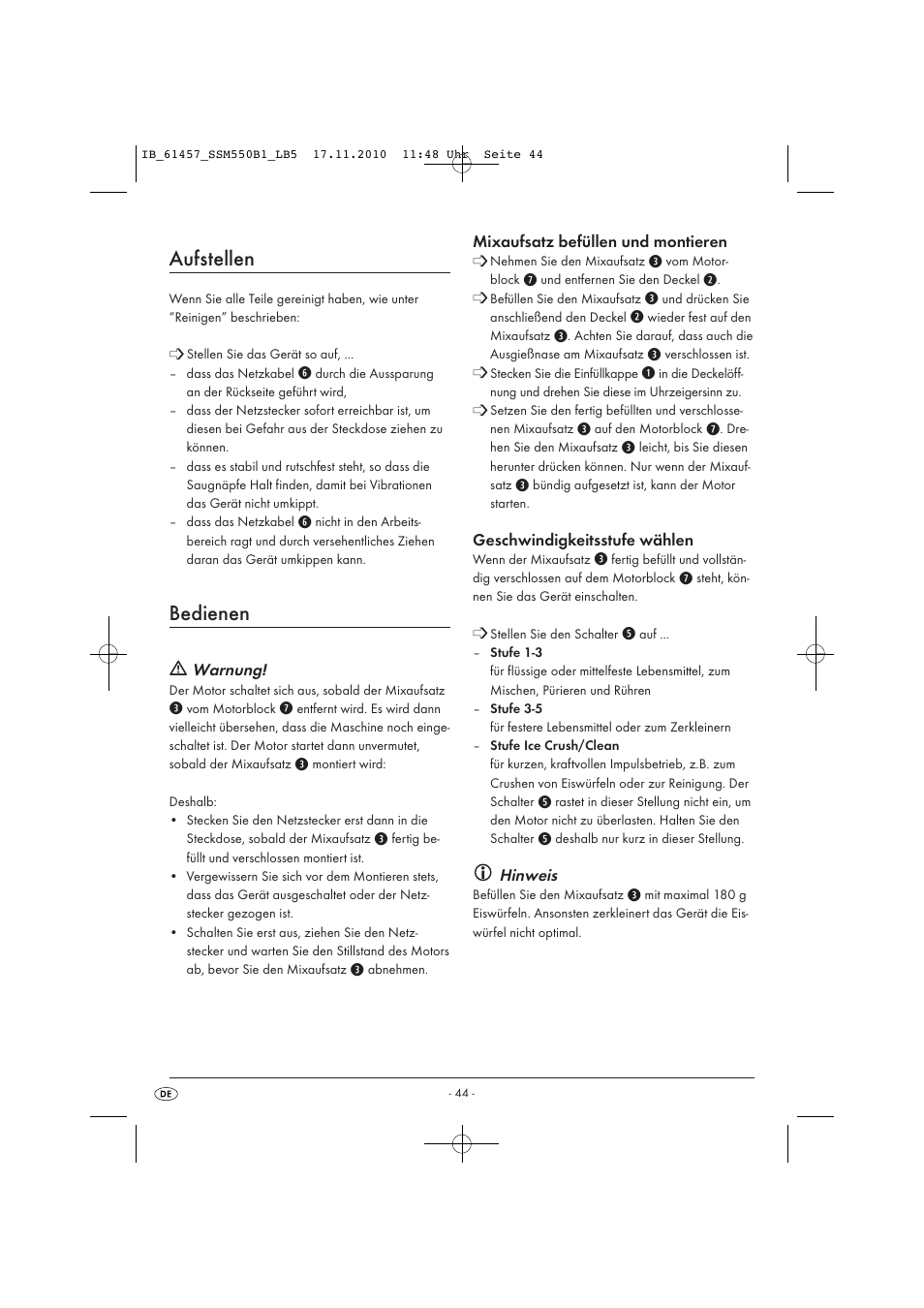 Aufstellen, Bedienen | Silvercrest SSM 550 B1 User Manual | Page 46 / 52