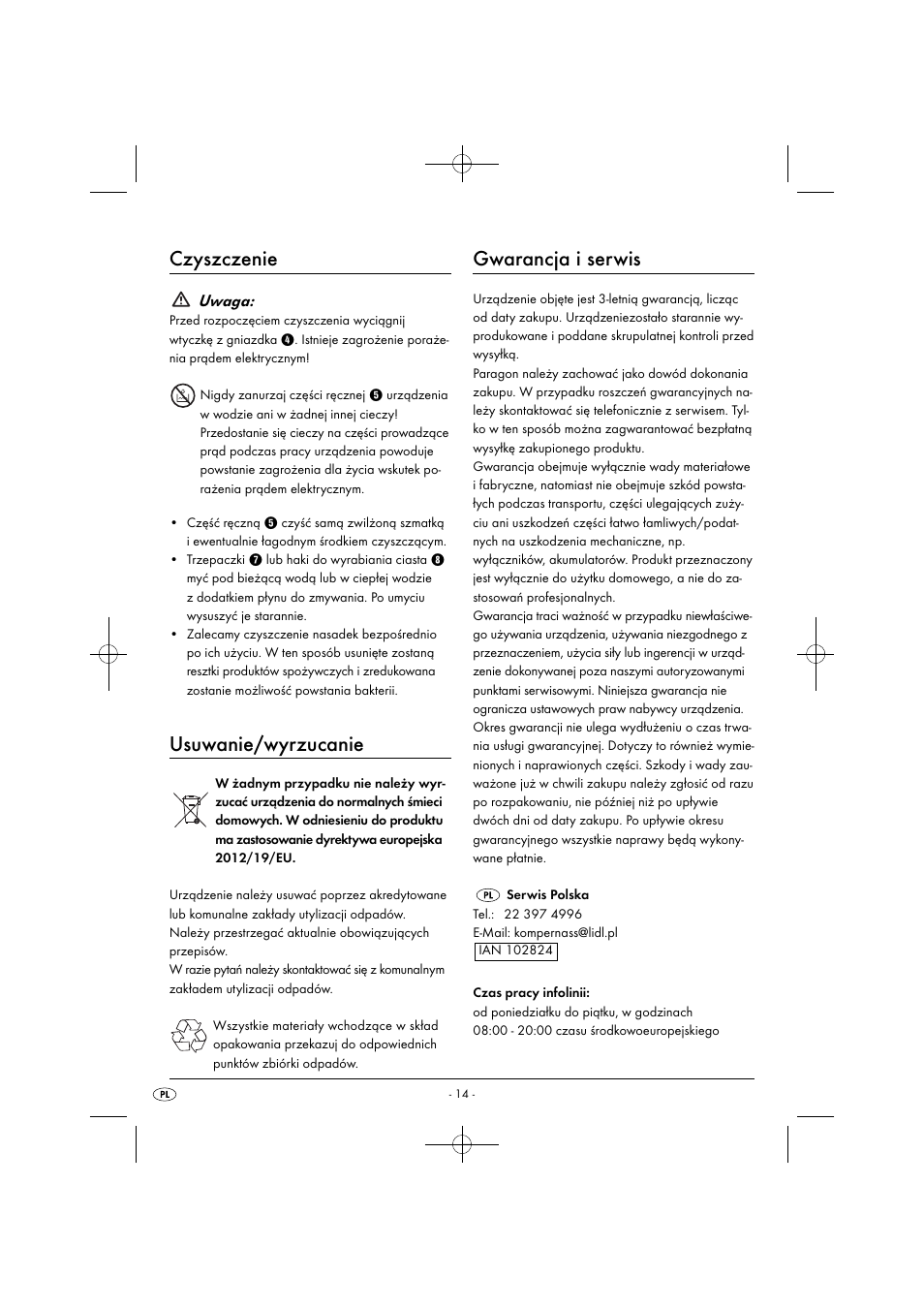 Czyszczenie, Usuwanie/wyrzucanie, Gwarancja i serwis | Uwaga | Silvercrest SHM 300 B1 User Manual | Page 17 / 59