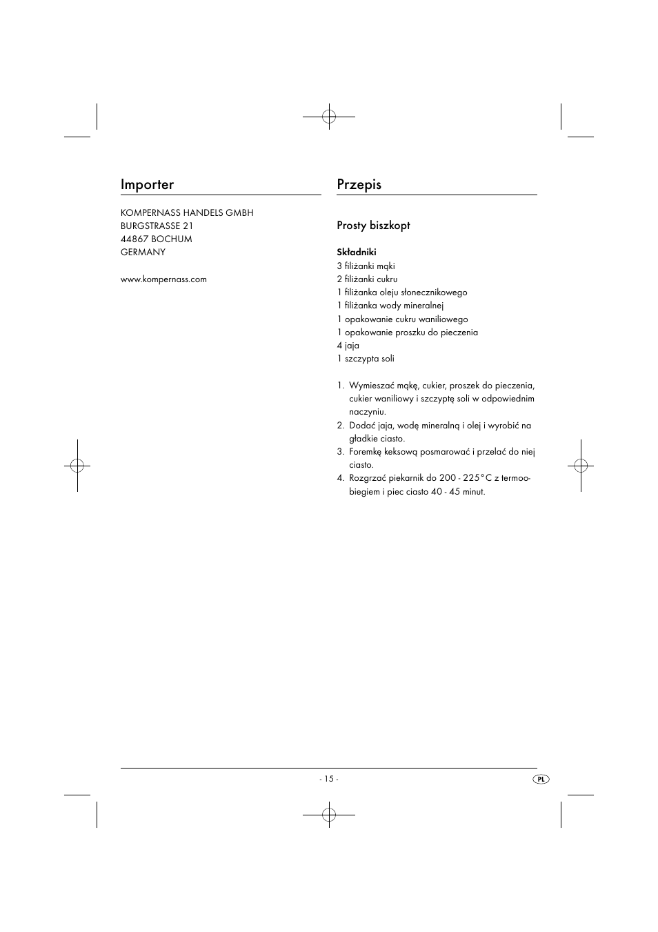 Importer, Przepis, Prosty biszkopt | Silvercrest SHM 300 B1 User Manual | Page 18 / 59