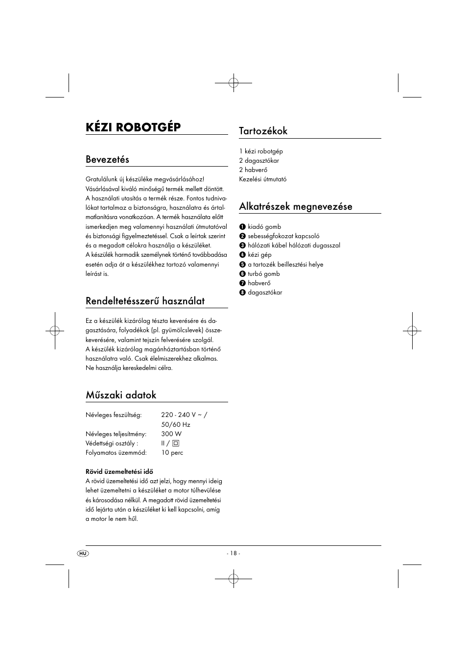 Kézi robotgép, Bevezetés, Rendeltetésszerű használat | Műszaki adatok, Tartozékok, Alkatrészek megnevezése | Silvercrest SHM 300 B1 User Manual | Page 21 / 59