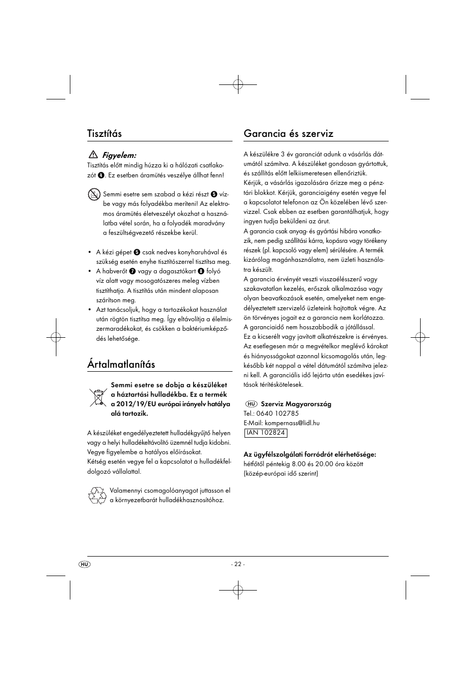 Tisztítás, Ártalmatlanítás, Garancia és szerviz | Figyelem | Silvercrest SHM 300 B1 User Manual | Page 25 / 59