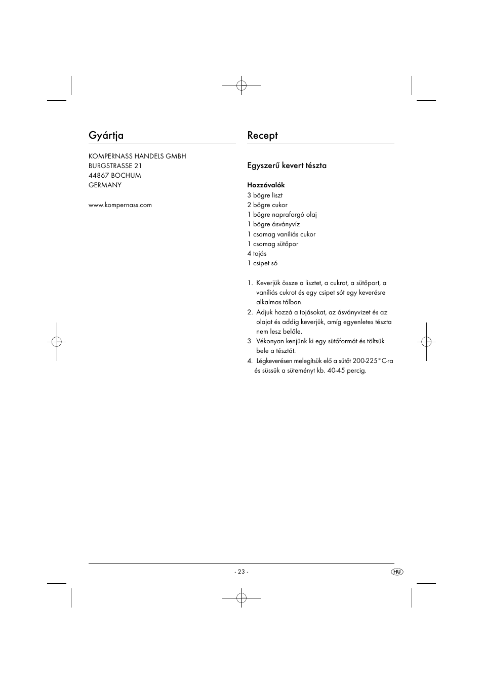 Gyártja, Recept, Egyszerű kevert tészta | Silvercrest SHM 300 B1 User Manual | Page 26 / 59