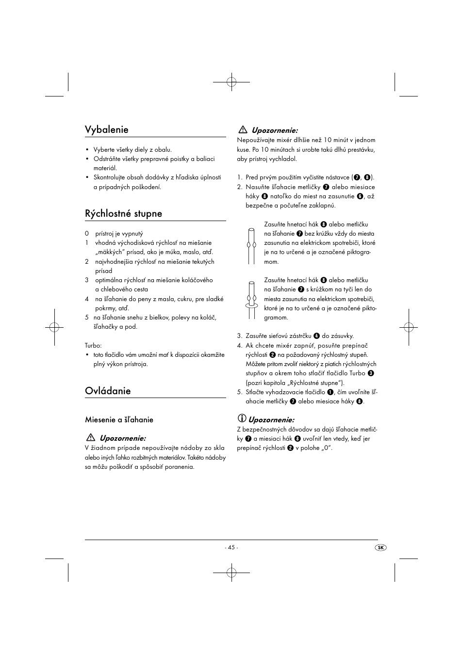 Vybalenie, Rýchlostné stupne, Ovládanie | Miesenie a šľahanie upozornenie, Upozornenie | Silvercrest SHM 300 B1 User Manual | Page 48 / 59