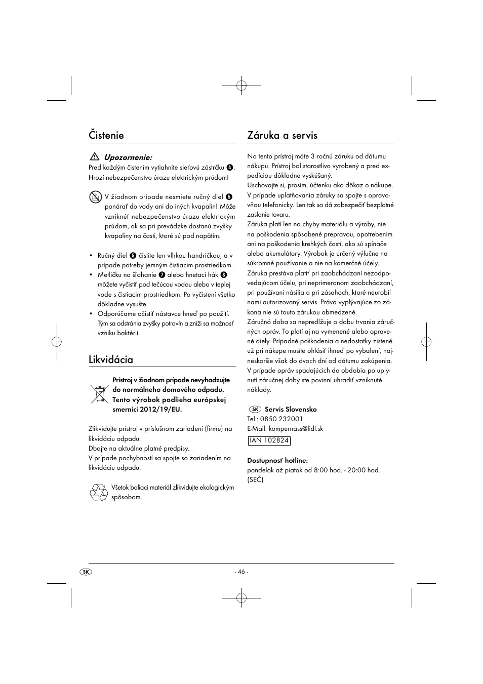 Čistenie, Likvidácia, Záruka a servis | Upozornenie | Silvercrest SHM 300 B1 User Manual | Page 49 / 59