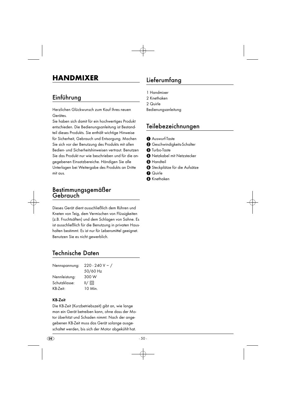 Handmixer, Einführung, Bestimmungsgemäßer gebrauch | Technische daten, Lieferumfang, Teilebezeichnungen | Silvercrest SHM 300 B1 User Manual | Page 53 / 59