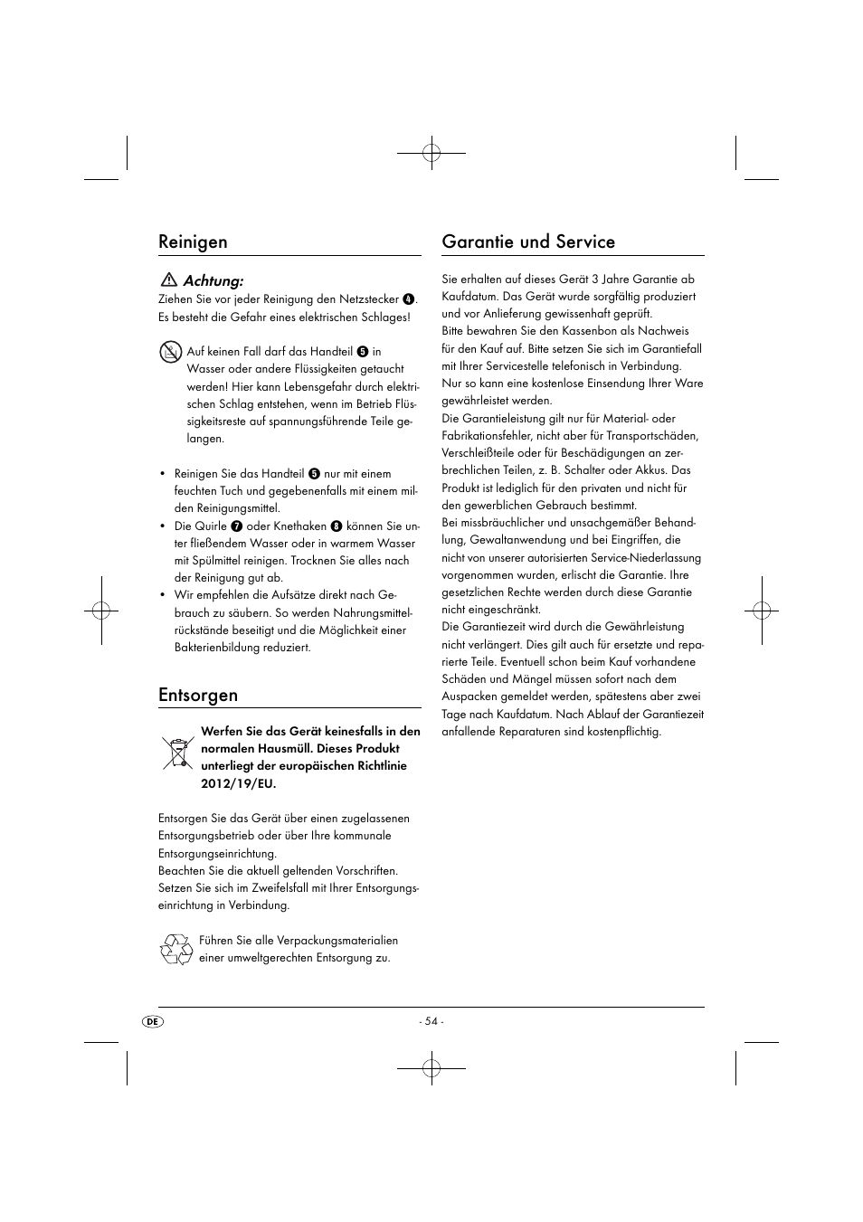Reinigen, Entsorgen, Garantie und service | Achtung | Silvercrest SHM 300 B1 User Manual | Page 57 / 59