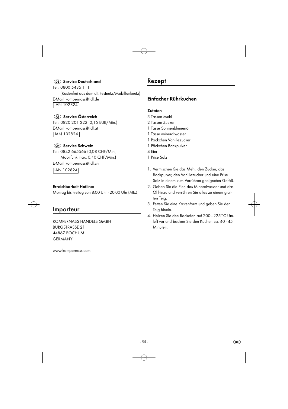 Importeur, Rezept, Einfacher rührkuchen | Silvercrest SHM 300 B1 User Manual | Page 58 / 59