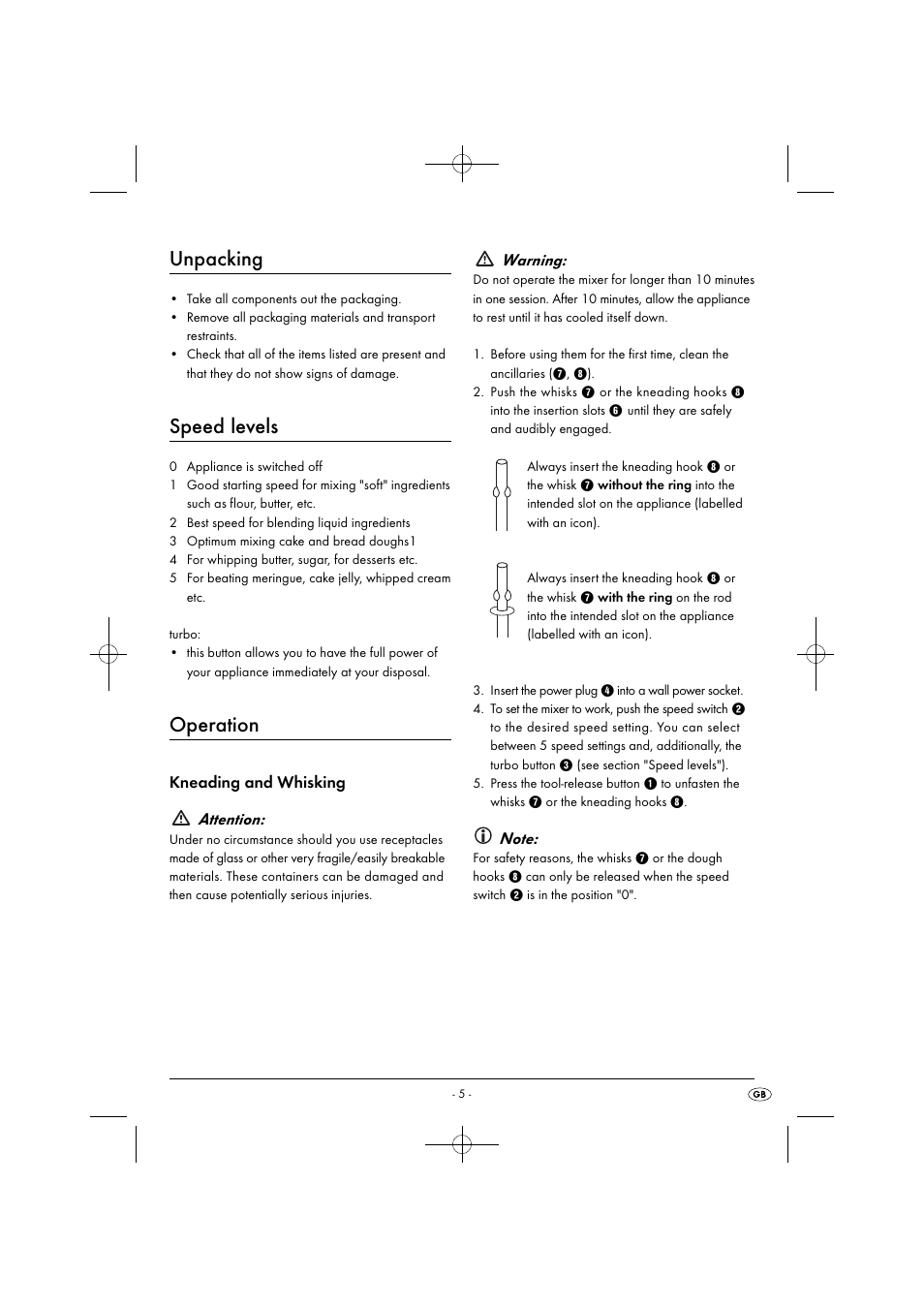 Unpacking, Speed levels, Operation | Kneading and whisking attention, Warning | Silvercrest SHM 300 B1 User Manual | Page 8 / 59