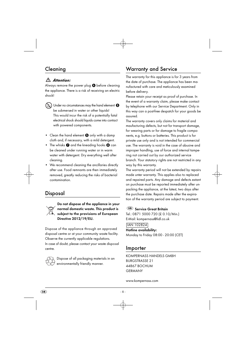 Cleaning, Disposal, Warranty and service | Importer, Attention | Silvercrest SHM 300 B1 User Manual | Page 9 / 59