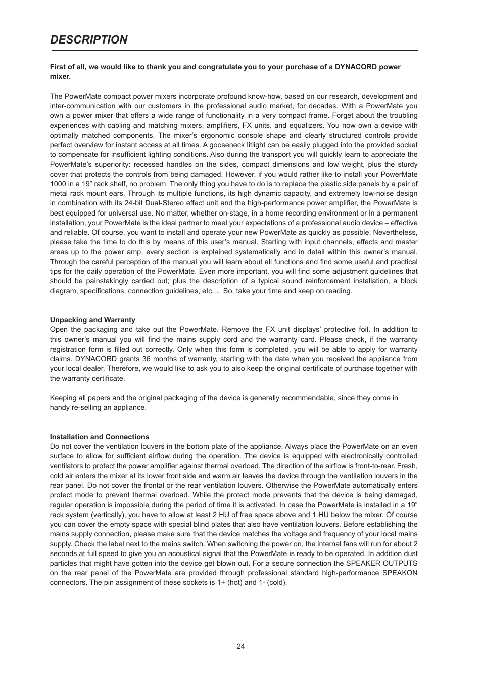Description | Dynacord PowerMate 600 User Manual | Page 24 / 64