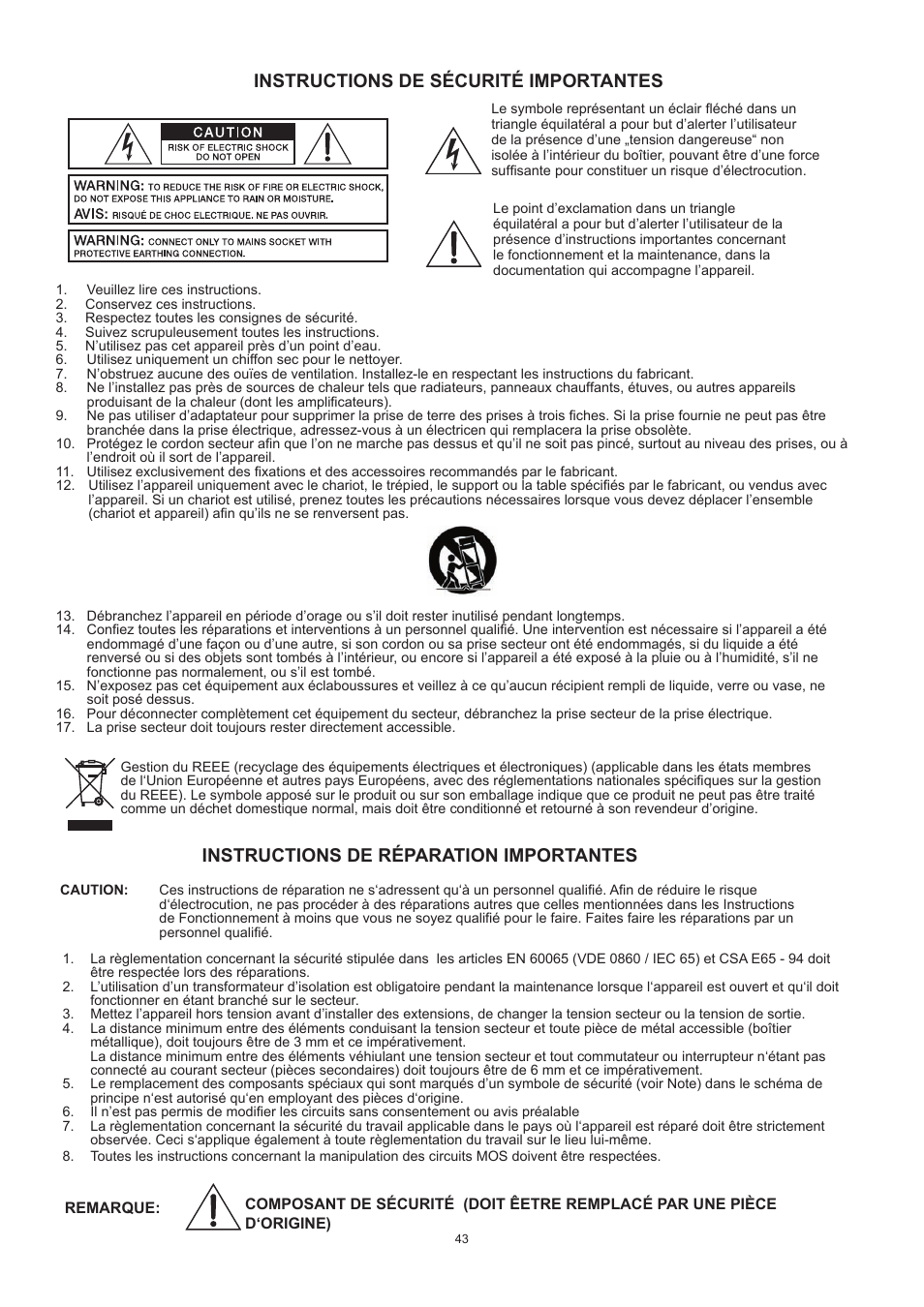 Instructions de sécurité importantes, Instructions de réparation importantes | Dynacord PowerMate 600 User Manual | Page 43 / 64