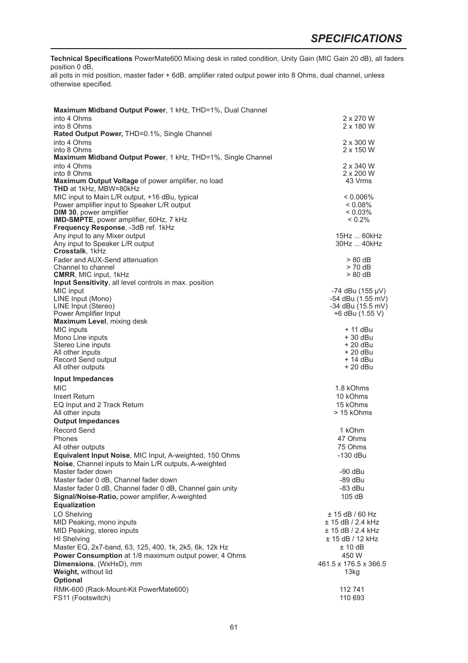 Specifications | Dynacord PowerMate 600 User Manual | Page 61 / 64
