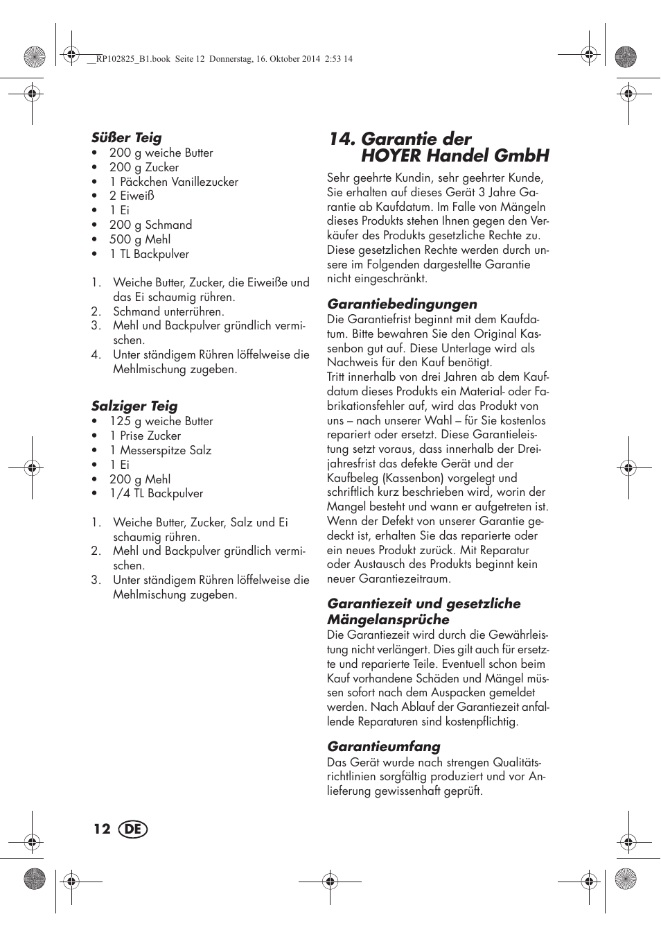 Garantie der hoyerhandel gmbh | Silvercrest SWEW 750 B2 User Manual | Page 14 / 54