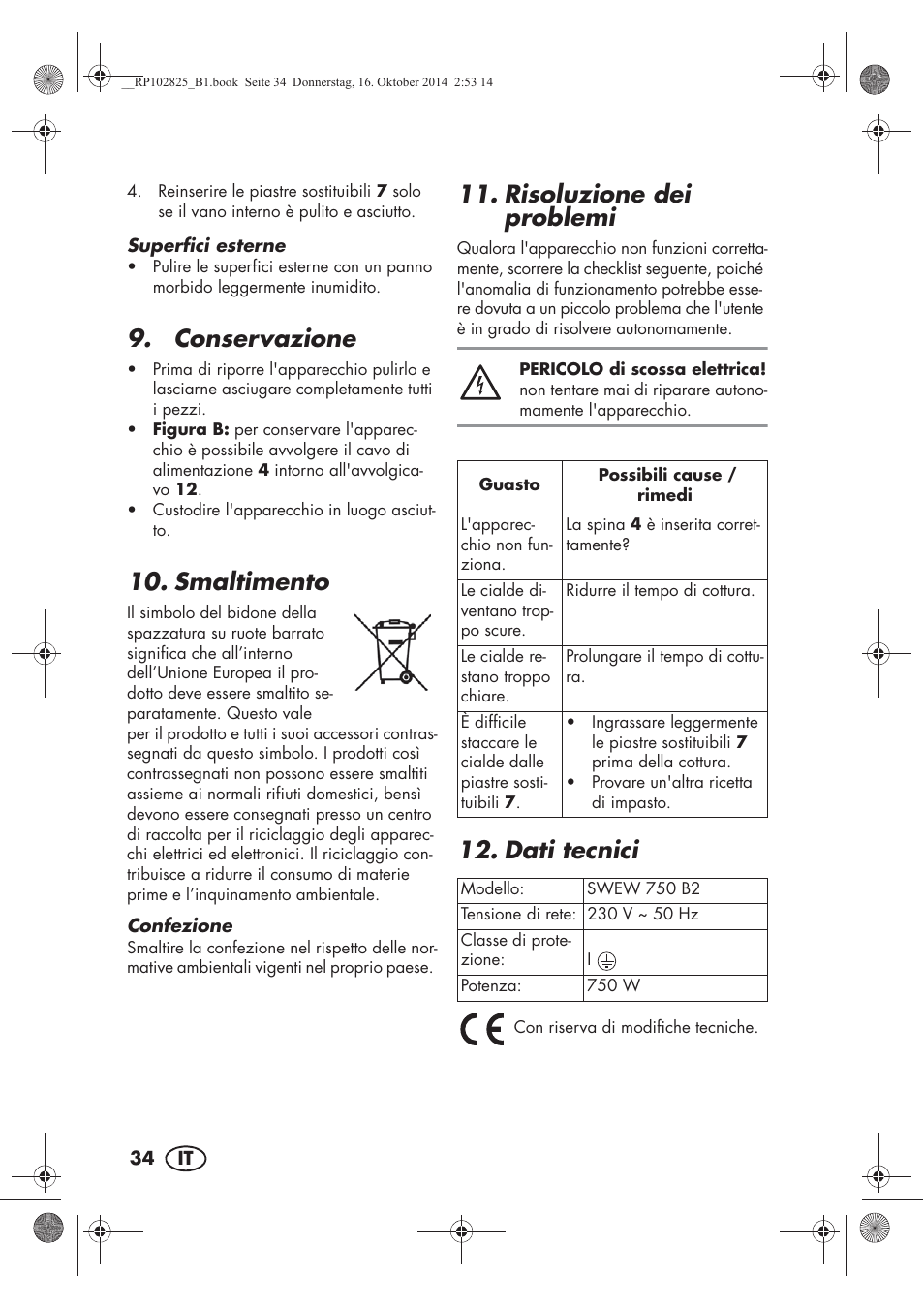 Conservazione, Smaltimento, Risoluzione dei problemi | Dati tecnici | Silvercrest SWEW 750 B2 User Manual | Page 36 / 54