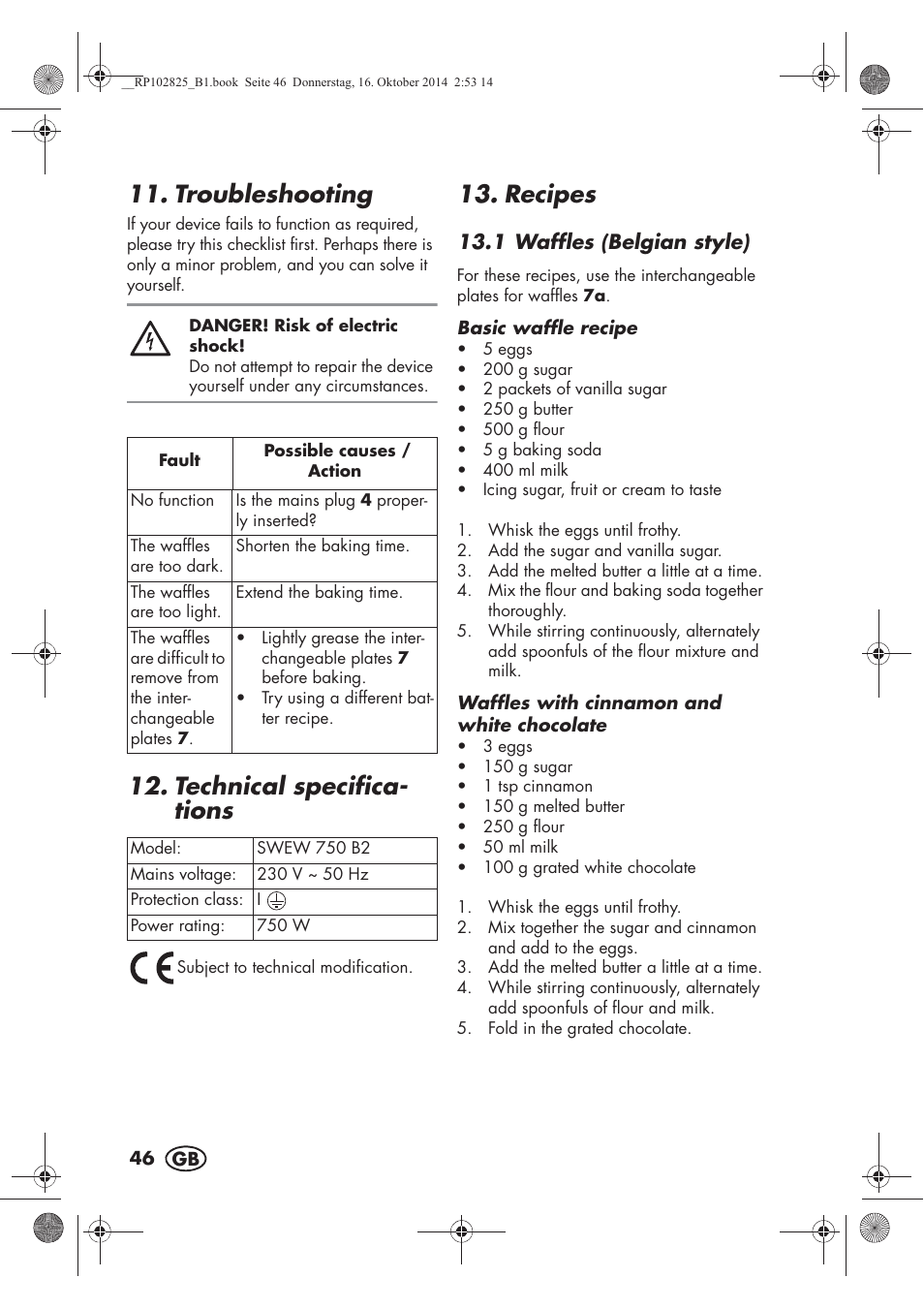 Troubleshooting, Technical specifica- tions, Recipes | Silvercrest SWEW 750 B2 User Manual | Page 48 / 54