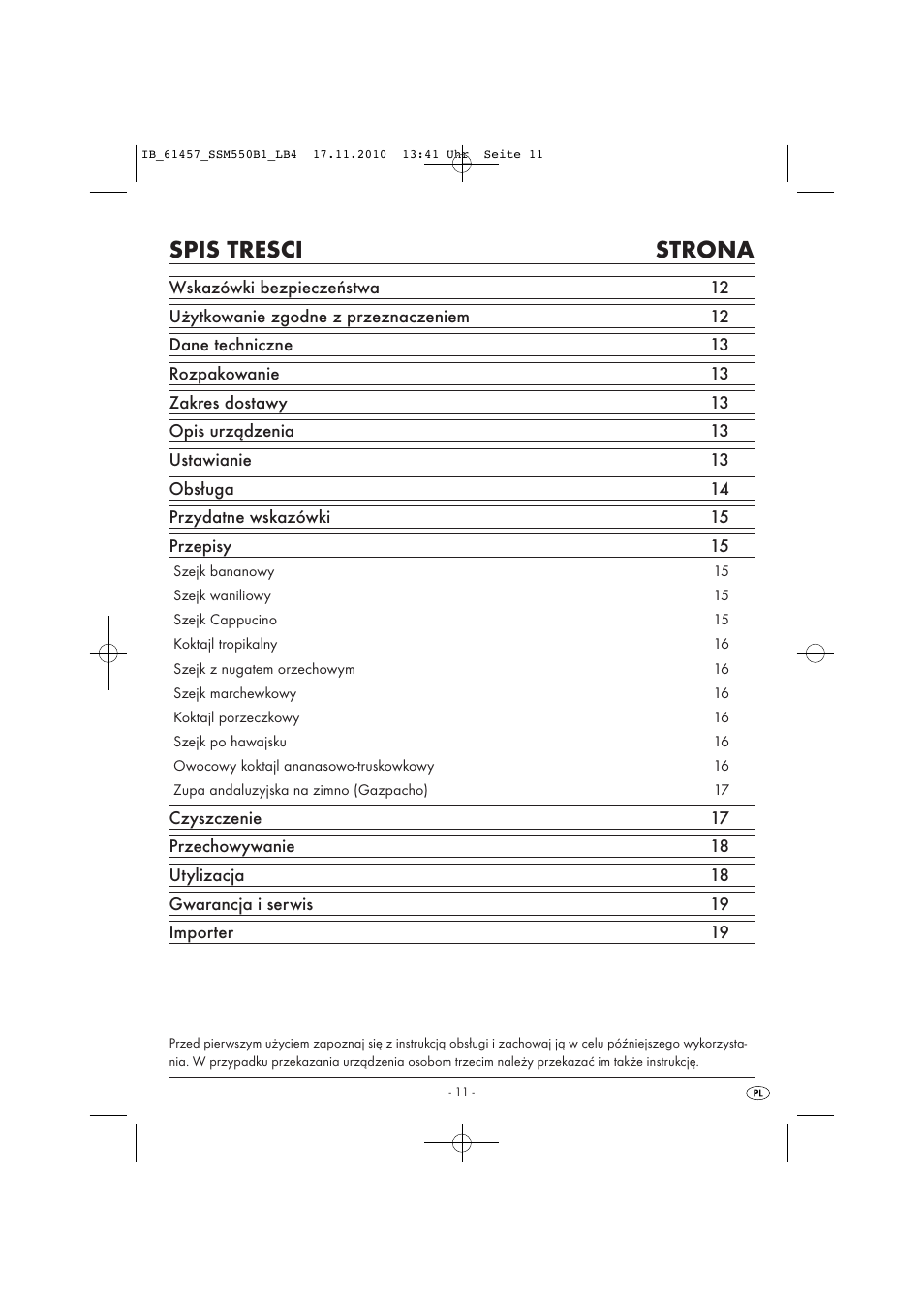 Spis tresci strona | Silvercrest SSM 550 B1 User Manual | Page 13 / 72