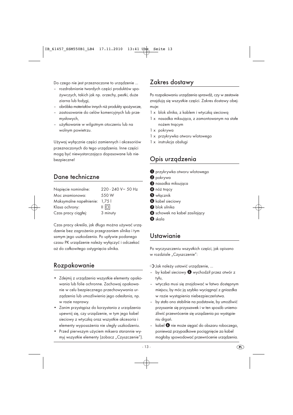 Dane techniczne, Rozpakowanie, Zakres dostawy | Opis urządzenia, Ustawianie | Silvercrest SSM 550 B1 User Manual | Page 15 / 72