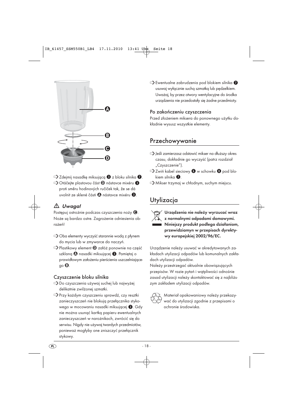 Przechowywanie, Utylizacja | Silvercrest SSM 550 B1 User Manual | Page 20 / 72