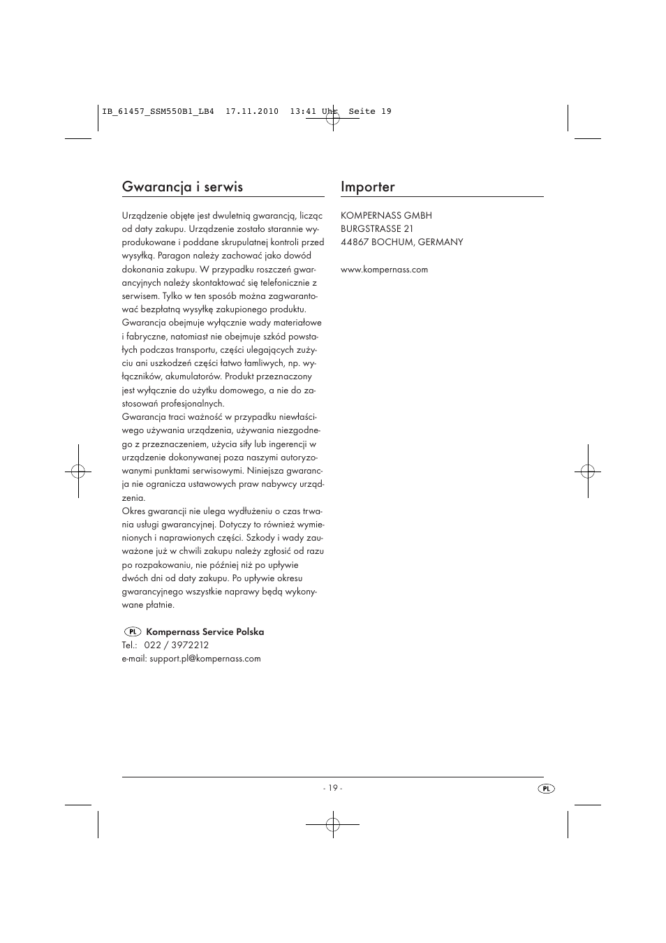 Gwarancja i serwis, Importer | Silvercrest SSM 550 B1 User Manual | Page 21 / 72