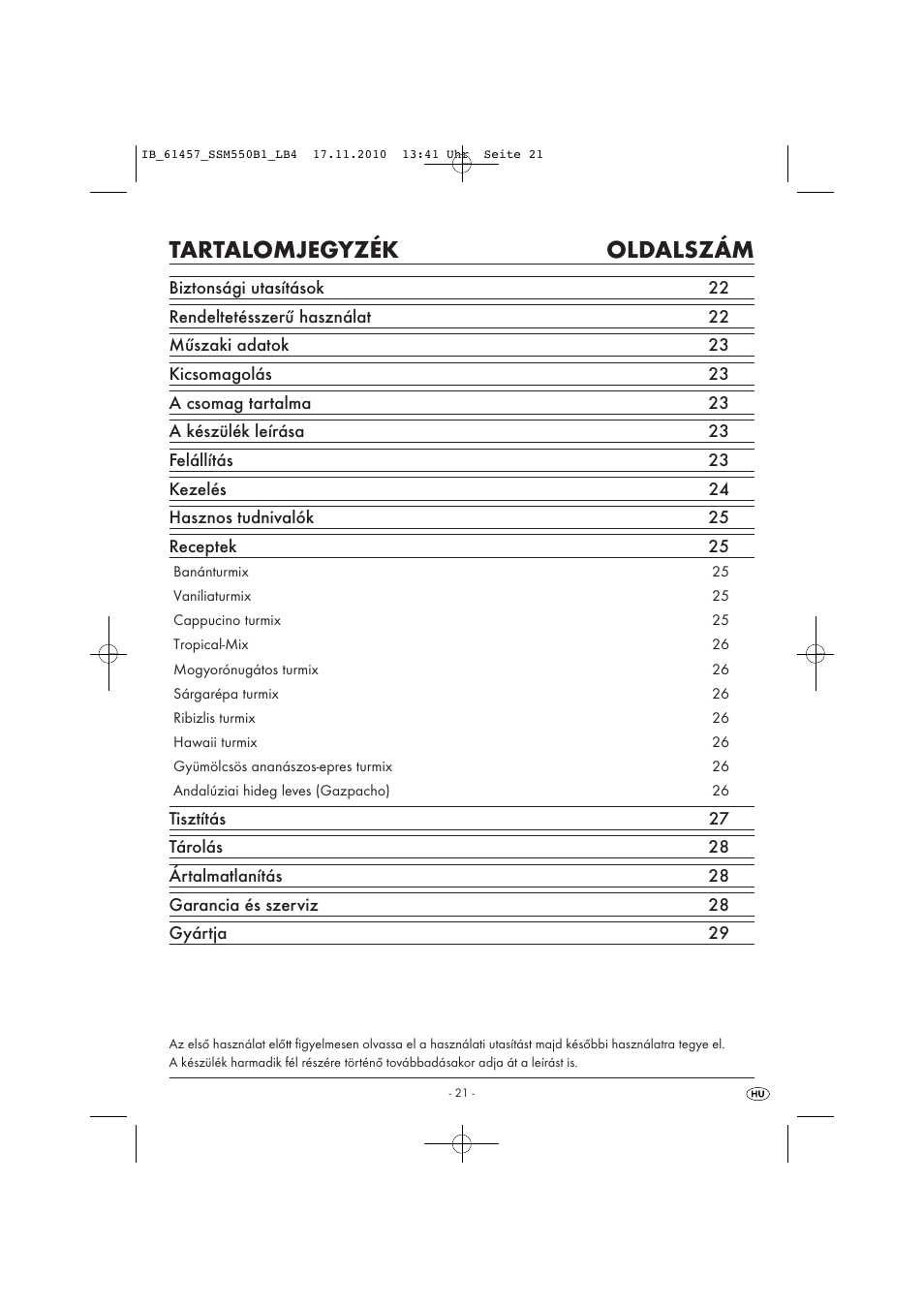 Tartalomjegyzék oldalszám | Silvercrest SSM 550 B1 User Manual | Page 23 / 72