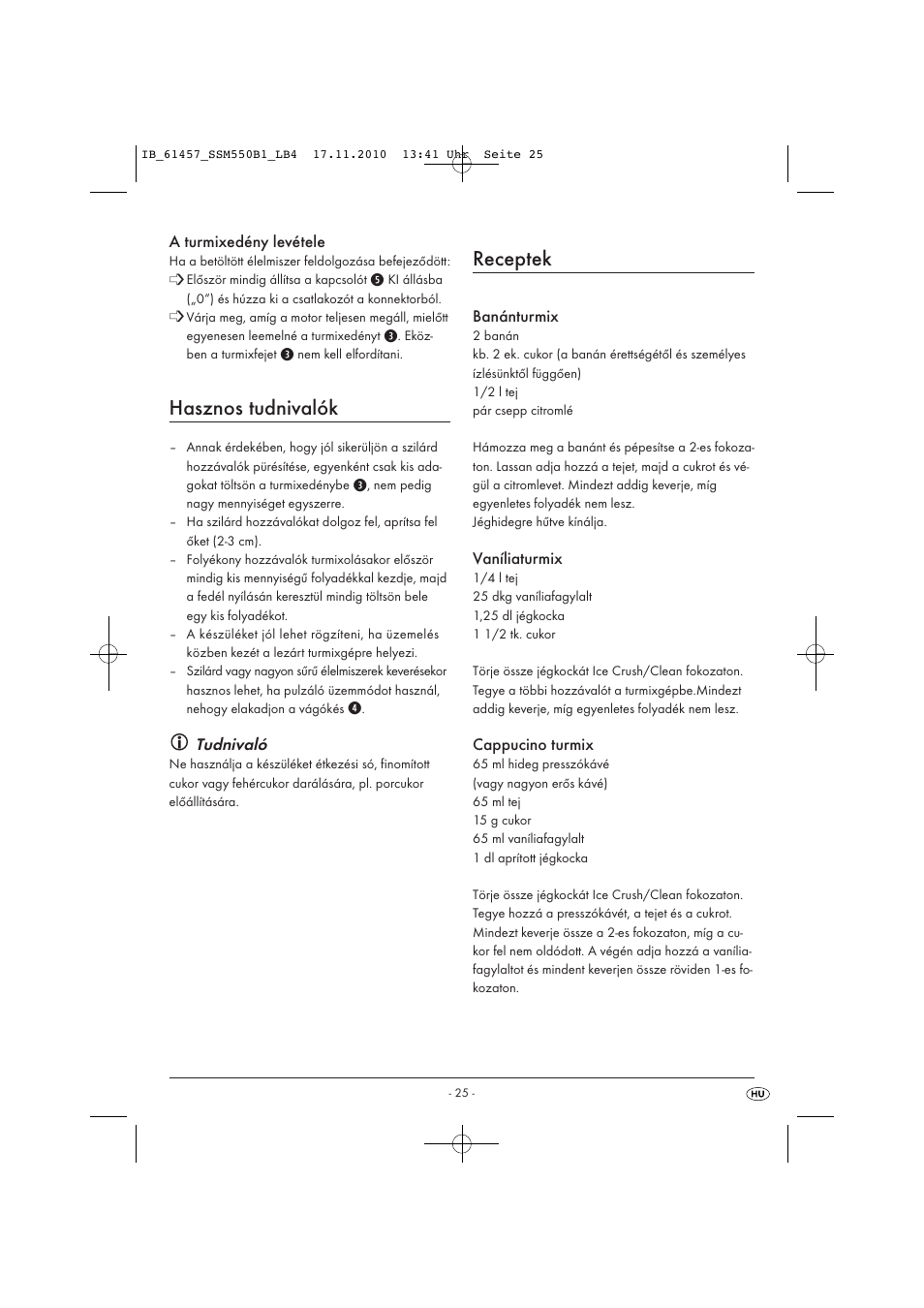 Hasznos tudnivalók, Receptek | Silvercrest SSM 550 B1 User Manual | Page 27 / 72