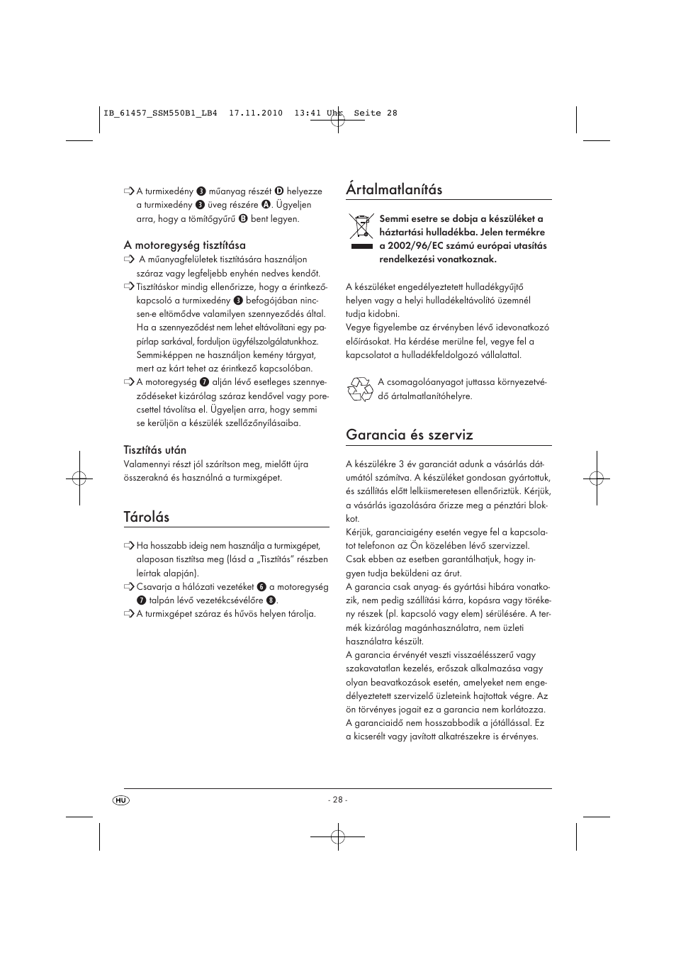 Tárolás, Ártalmatlanítás, Garancia és szerviz | Silvercrest SSM 550 B1 User Manual | Page 30 / 72