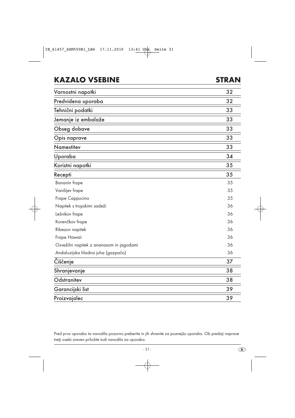 Kazalo vsebine stran | Silvercrest SSM 550 B1 User Manual | Page 33 / 72