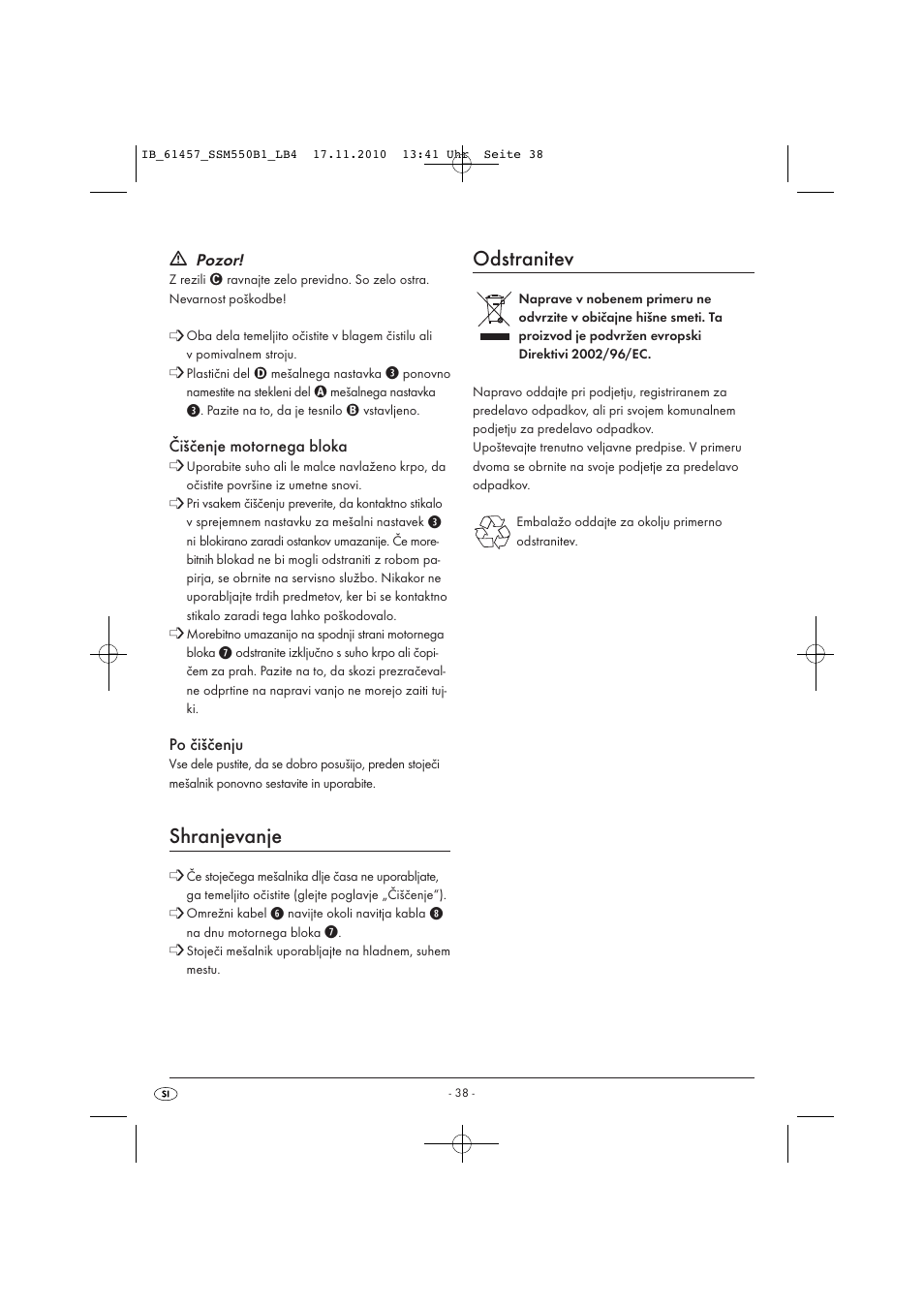 Shranjevanje, Odstranitev | Silvercrest SSM 550 B1 User Manual | Page 40 / 72