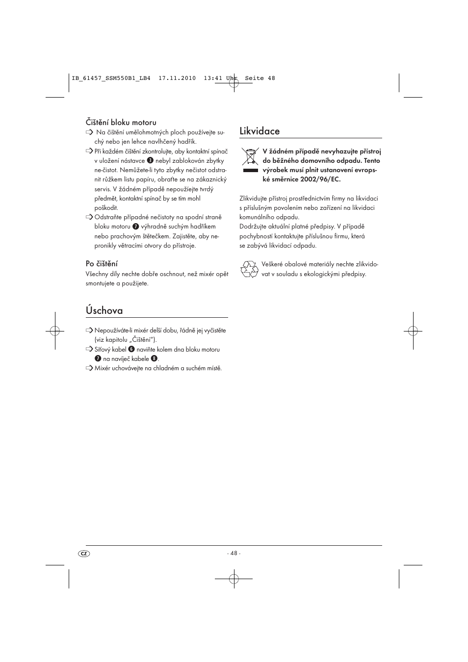 Úschova, Likvidace | Silvercrest SSM 550 B1 User Manual | Page 50 / 72