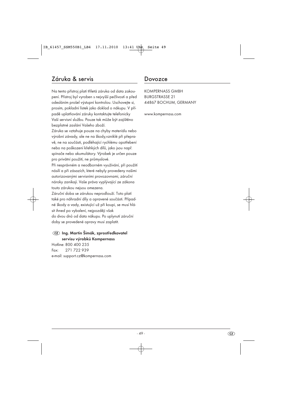 Záruka & servis, Dovozce | Silvercrest SSM 550 B1 User Manual | Page 51 / 72