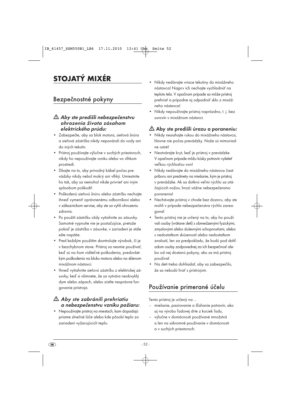 Stojatý mixér, Bezpečnostné pokyny, Používanie primerané účelu | Silvercrest SSM 550 B1 User Manual | Page 54 / 72