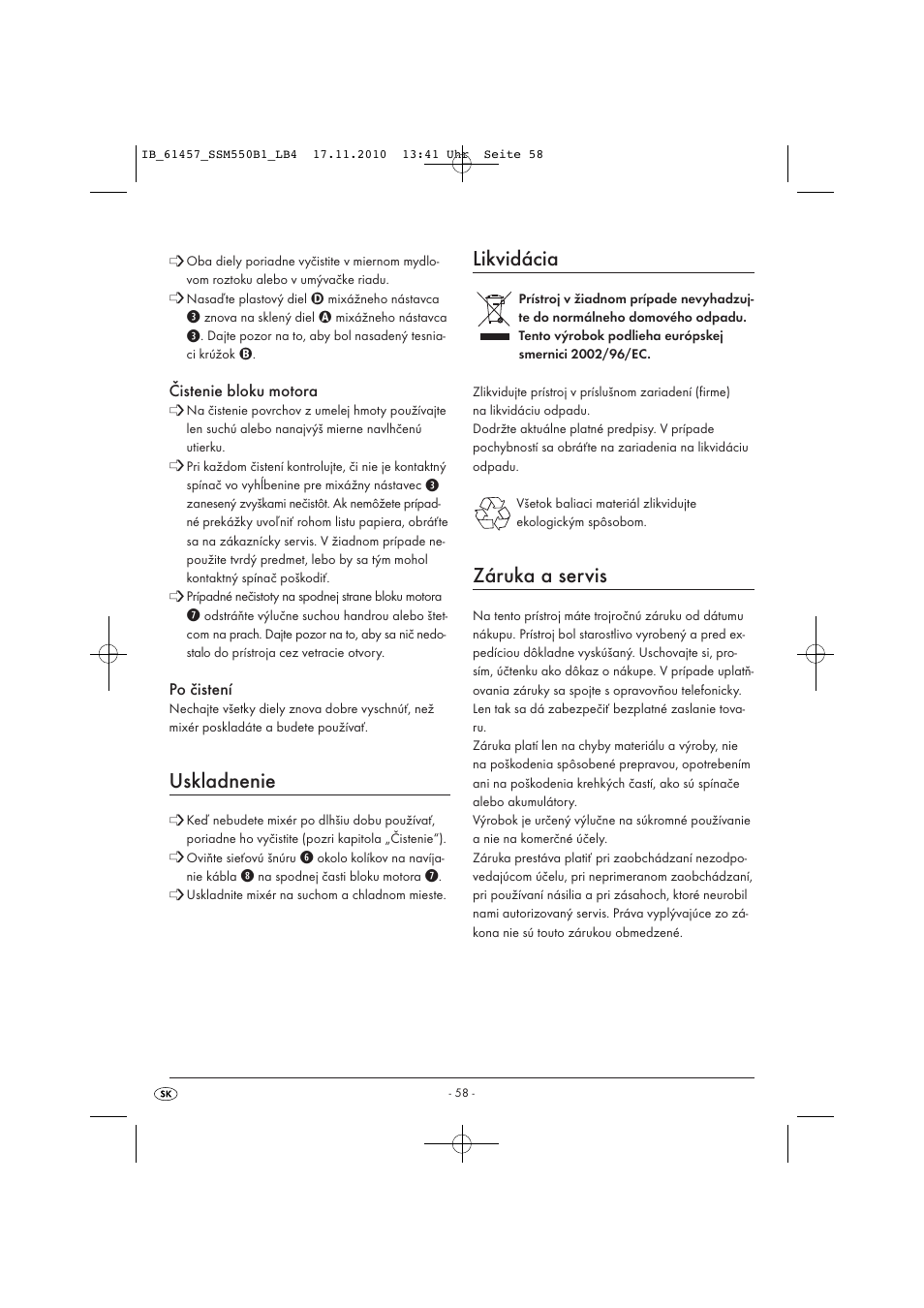 Uskladnenie, Likvidácia, Záruka a servis | Silvercrest SSM 550 B1 User Manual | Page 60 / 72