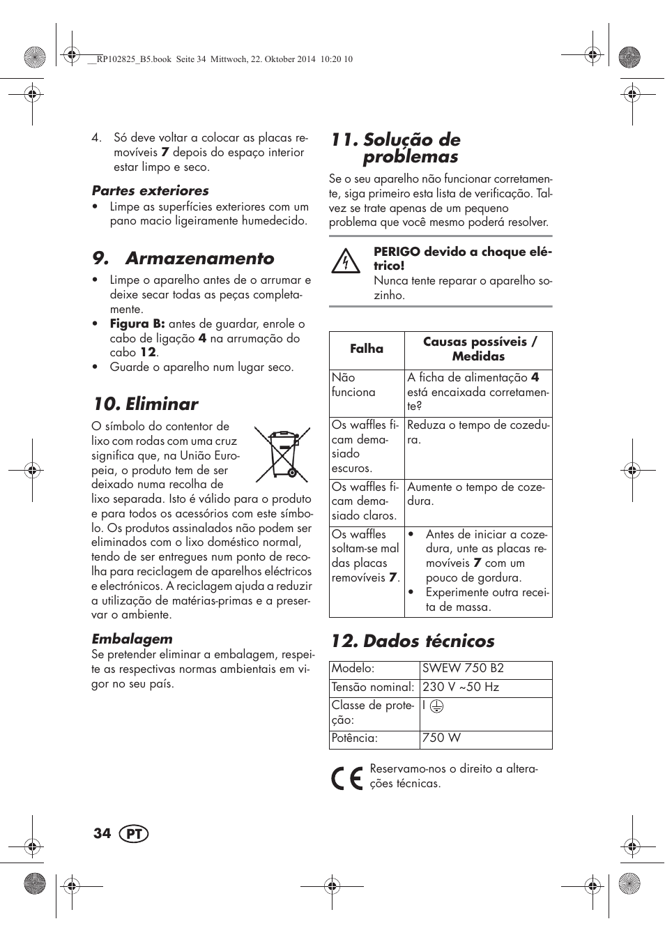 Armazenamento, Eliminar, Solução de problemas | Dados técnicos | Silvercrest SWEW 750 B2 User Manual | Page 36 / 66