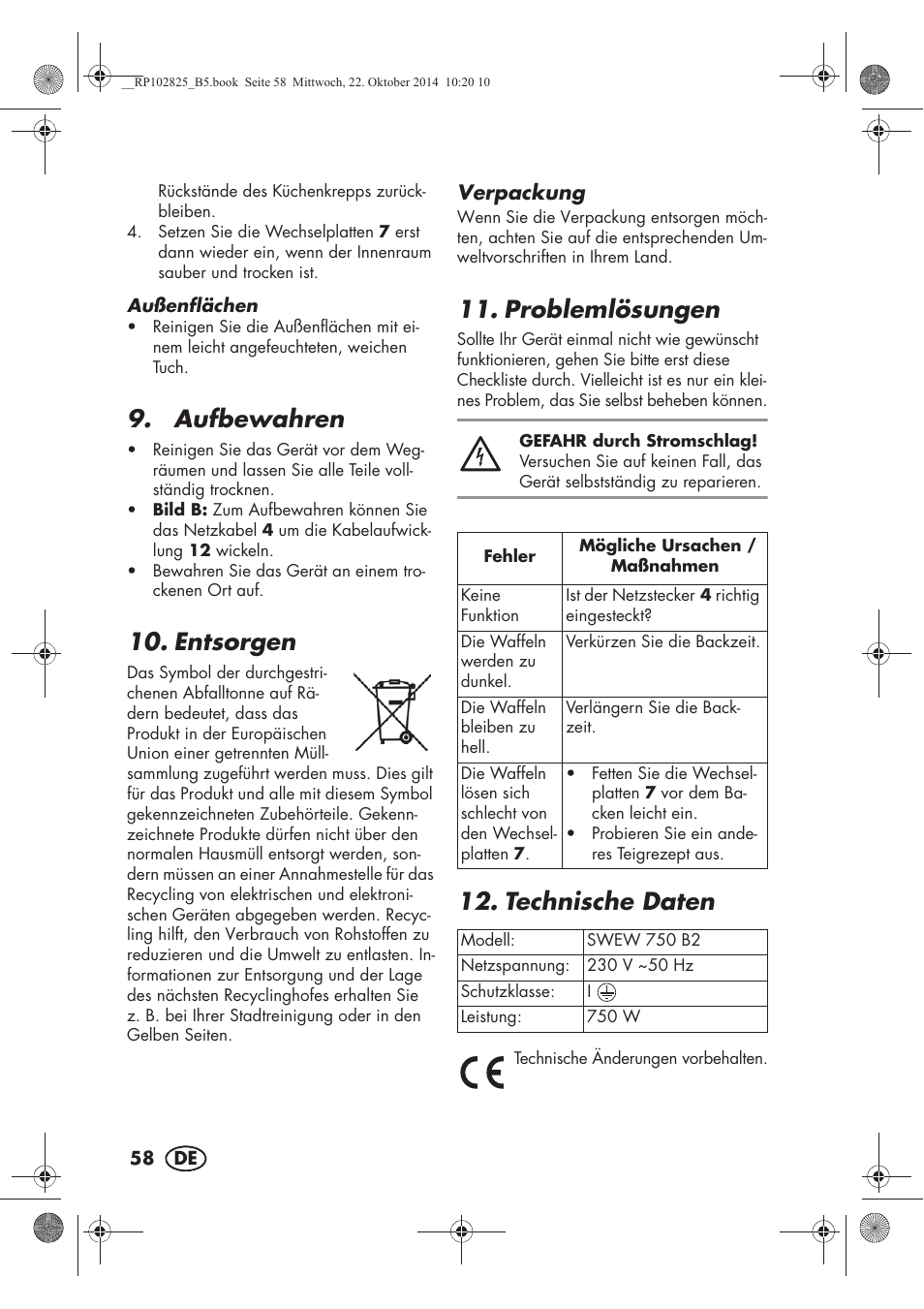 Aufbewahren, Entsorgen, Problemlösungen | Technische daten | Silvercrest SWEW 750 B2 User Manual | Page 60 / 66
