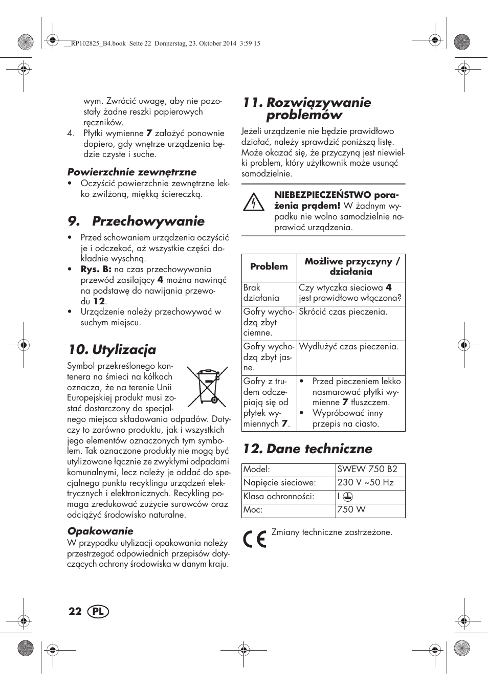 Przechowywanie, Utylizacja, Rozwizywanie problemów | Dane techniczne | Silvercrest SWEW 750 B2 User Manual | Page 24 / 90