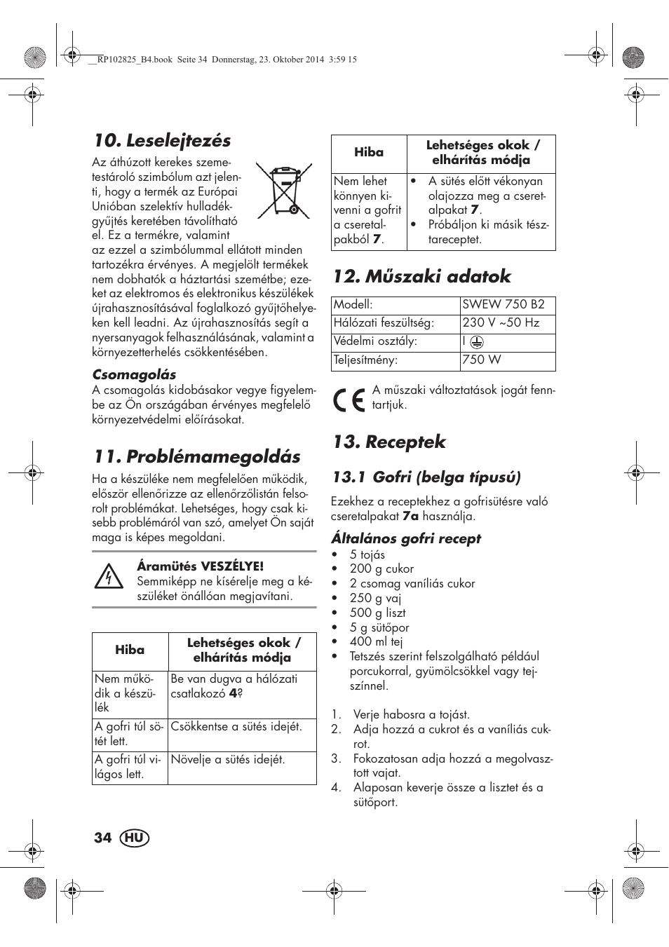 Leselejtezés, Problémamegoldás, Mszaki adatok | Receptek | Silvercrest SWEW 750 B2 User Manual | Page 36 / 90