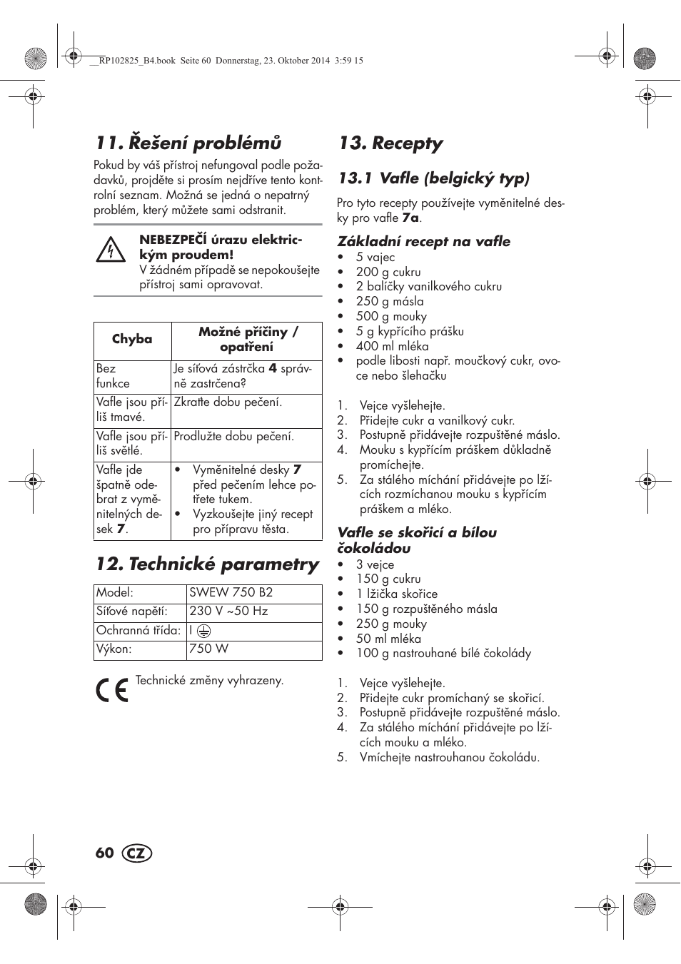 ešení problém, Technické parametry, Recepty | Silvercrest SWEW 750 B2 User Manual | Page 62 / 90