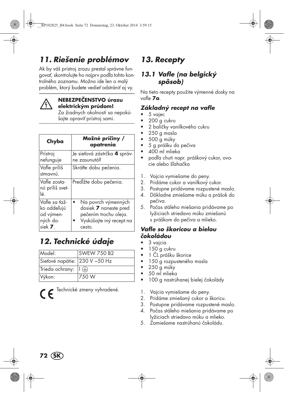 Riešenie problémov, Technické údaje, Recepty | Silvercrest SWEW 750 B2 User Manual | Page 74 / 90