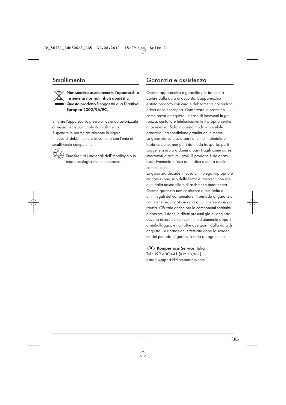 Smaltimento, Garanzia e assistenza | Silvercrest SHM 300 A1 User Manual | Page 13 / 31