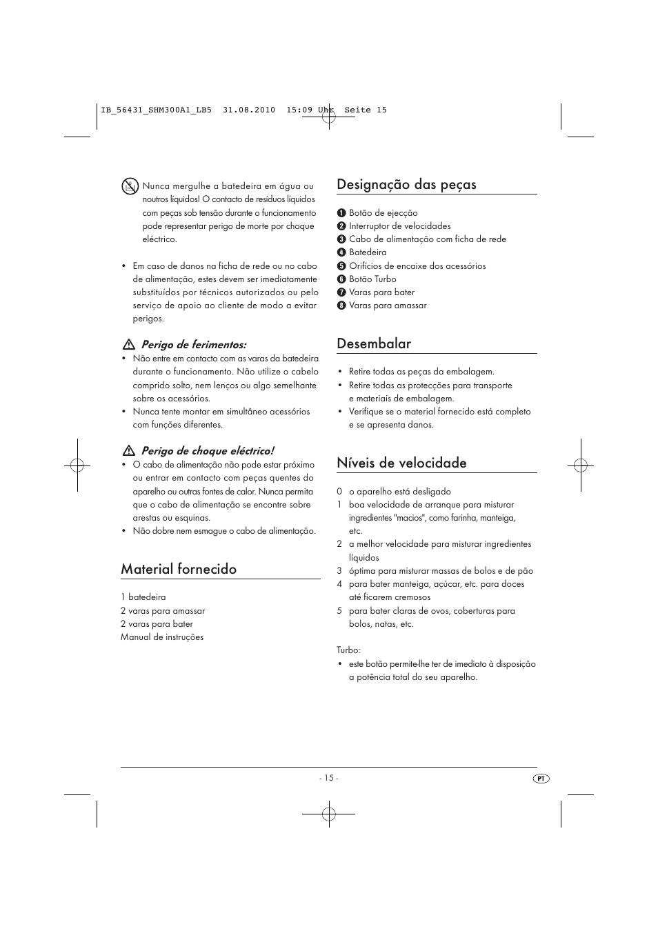 Material fornecido, Designação das peças, Desembalar | Níveis de velocidade, Perigo de ferimentos, Perigo de choque eléctrico | Silvercrest SHM 300 A1 User Manual | Page 17 / 31