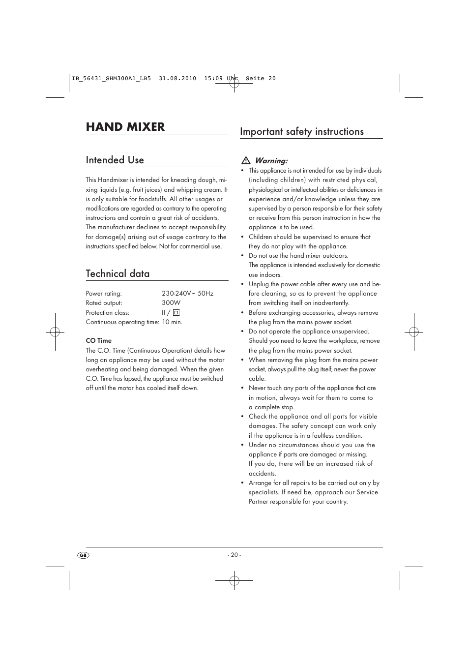 Hand mixer, Intended use, Technical data | Important safety instructions, Warning | Silvercrest SHM 300 A1 User Manual | Page 22 / 31