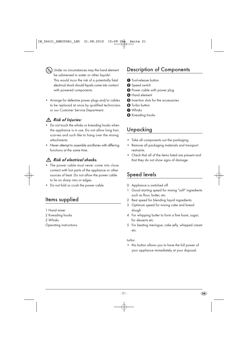 Items supplied, Description of components, Unpacking | Speed levels, Risk of injuries, Risk of electrical shocks | Silvercrest SHM 300 A1 User Manual | Page 23 / 31