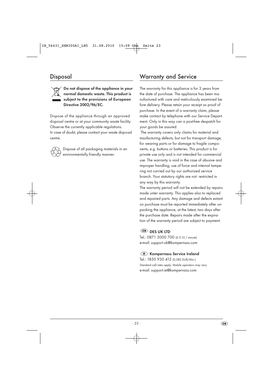 Disposal, Warranty and service | Silvercrest SHM 300 A1 User Manual | Page 25 / 31