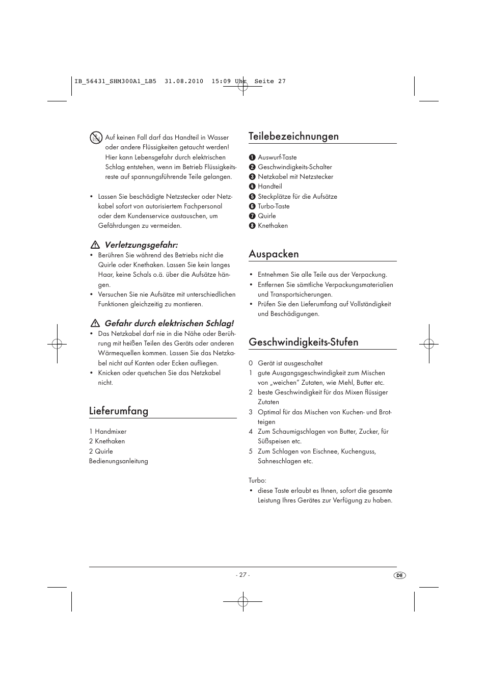 Lieferumfang, Teilebezeichnungen, Auspacken | Geschwindigkeits-stufen, Verletzungsgefahr, Gefahr durch elektrischen schlag | Silvercrest SHM 300 A1 User Manual | Page 29 / 31