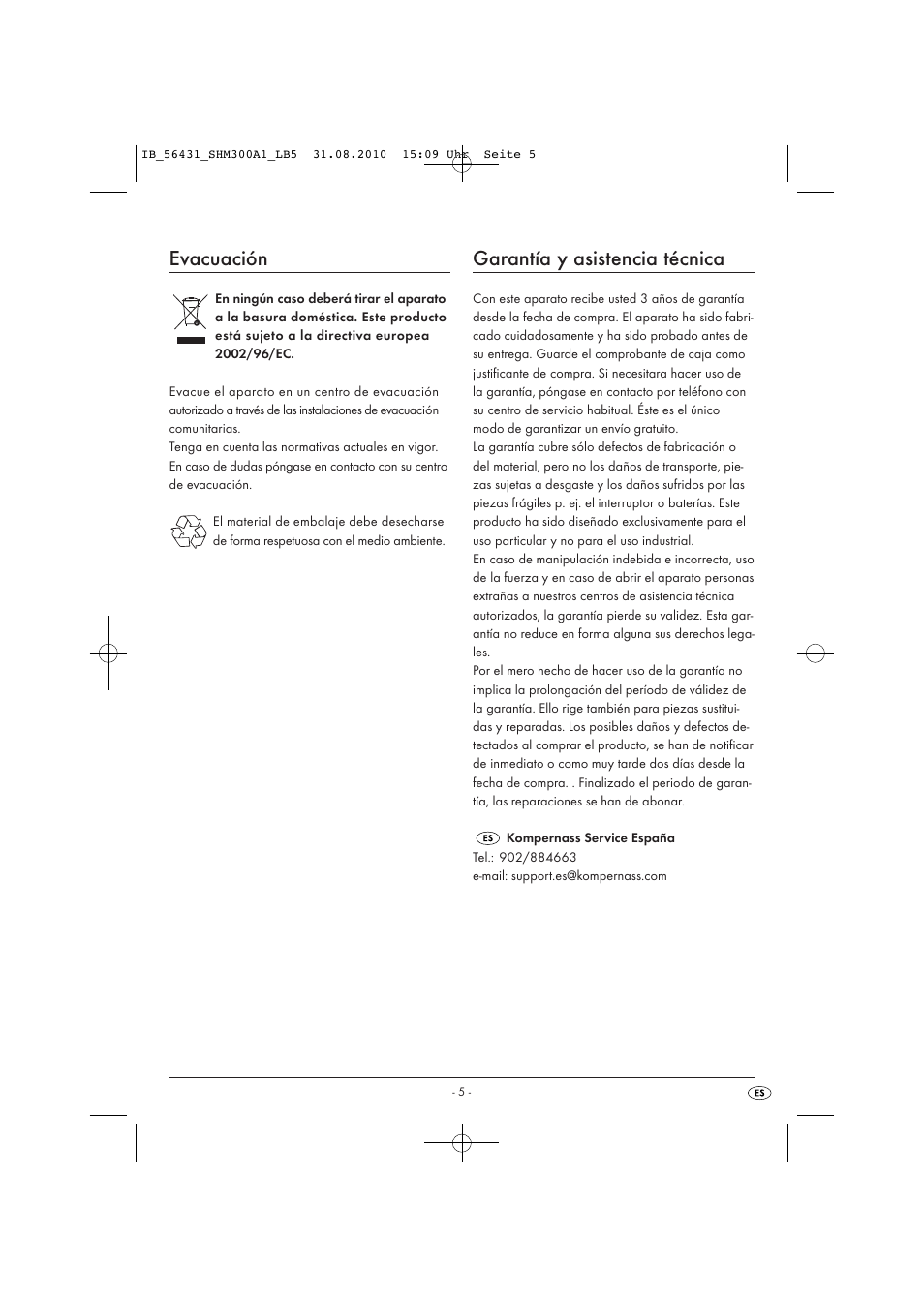 Evacuación, Garantía y asistencia técnica | Silvercrest SHM 300 A1 User Manual | Page 7 / 31