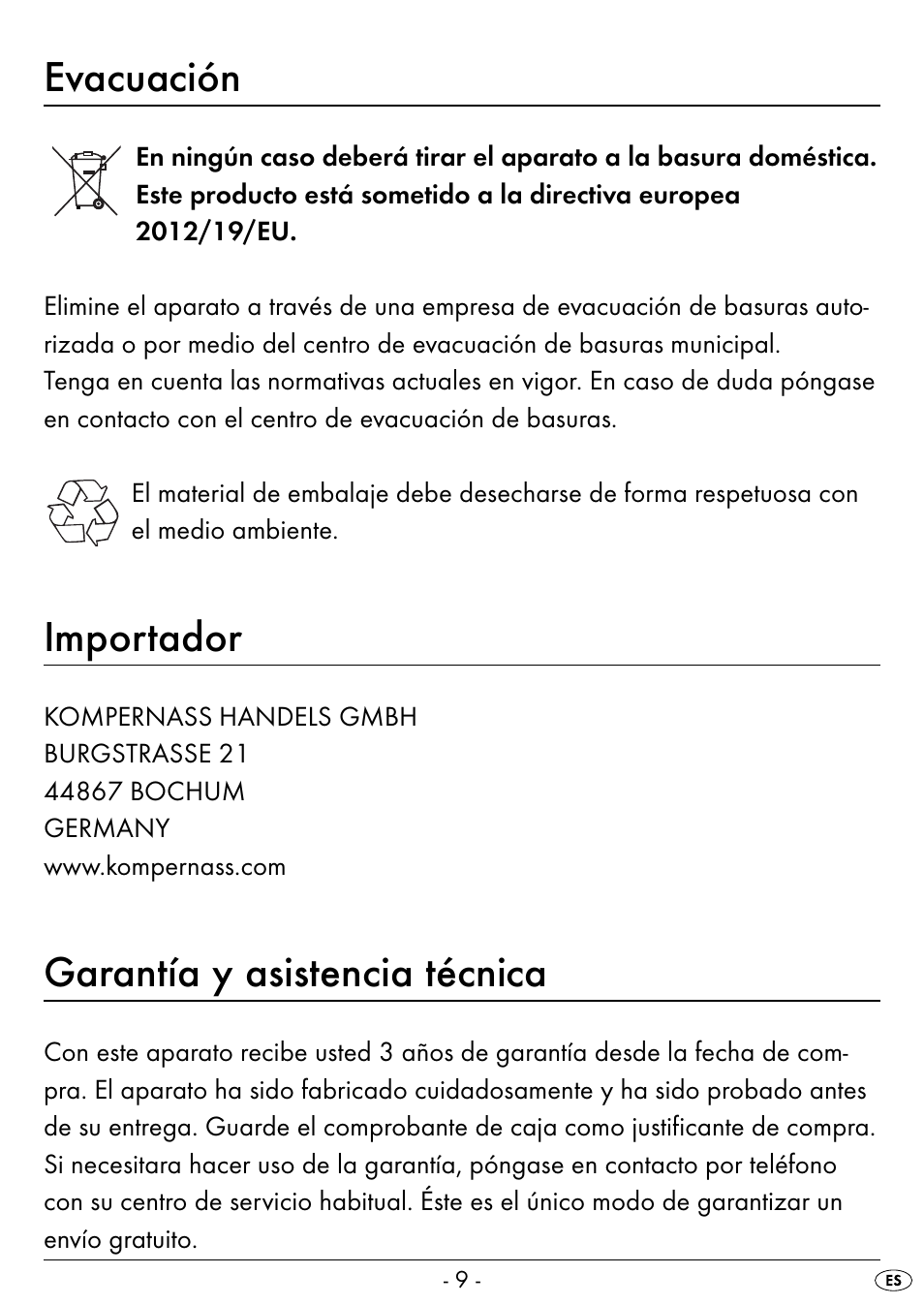 Evacuación, Importador, Garantía y asistencia técnica | Silvercrest SEAS 20 A1 User Manual | Page 12 / 54